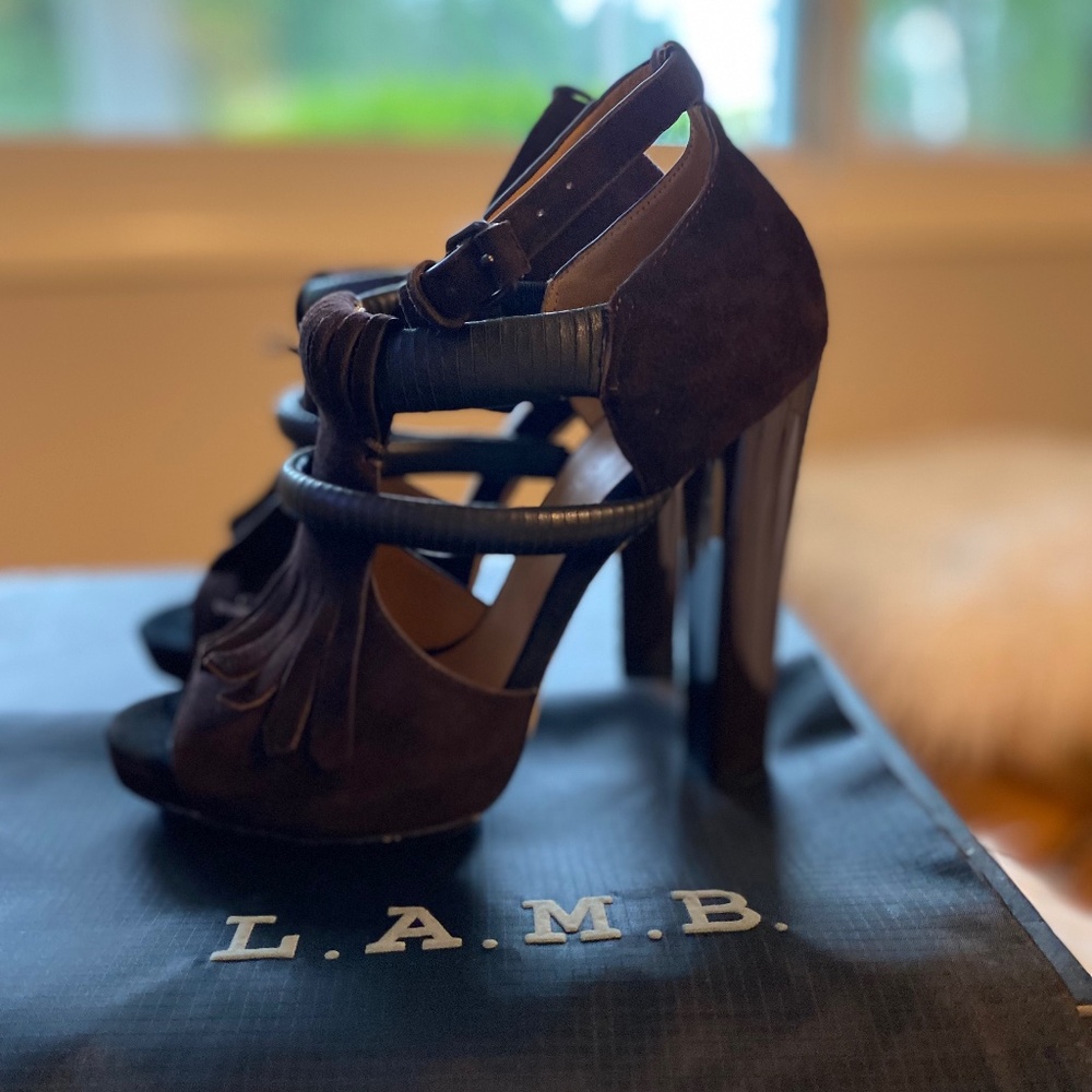 Brown L.A.M.B Hortencia High Ankle Strap Platform Sandal, size 6